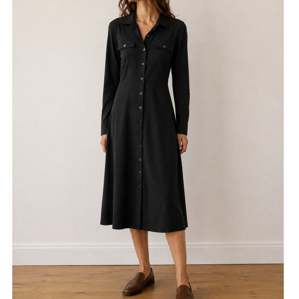 Spartina 449 Black Midi Maxi Shirt Dress Cotton Stretch Button Front Office-M